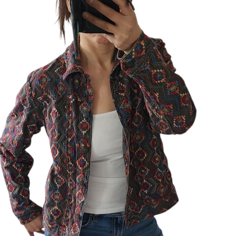 Coldwater Creek Embroidered Denim Trucker Jacket Women's M Gray Multicolor Artsy